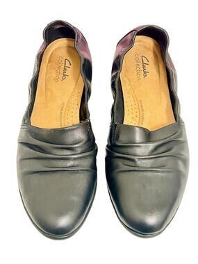 Clarks Jenette Ruby Black Leather Flats 9.5M Comfort Slip On